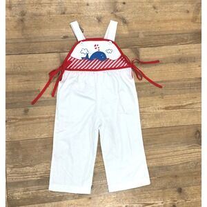 Vintage Toddler Whale overalls White Red Embroidered Size 2 Tiny Tots Original